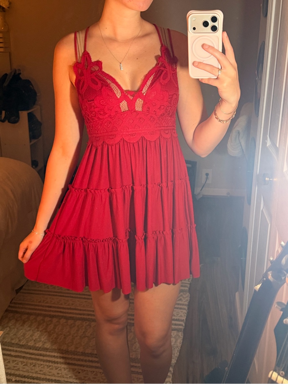 Zenana Outfitters Red Lace Tiered Mini Dress